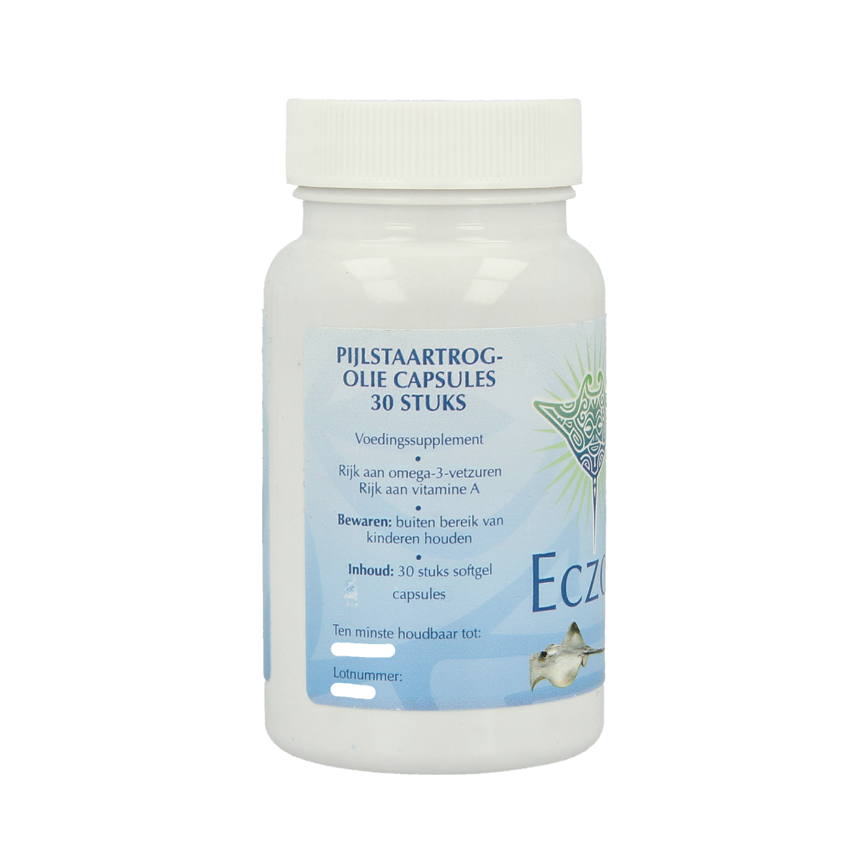 Eczoil Pijlstaartrog olie softgels in a bottle, showing the supplement's label and softgel capsules for omega fatty acids.