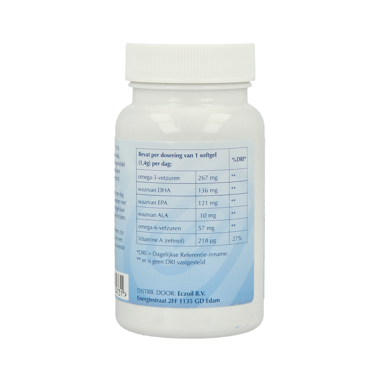 Eczoil Pijlstaartrog olie softgels, Vetzuren supplement with 30 softgels in a clear bottle showing the capsules