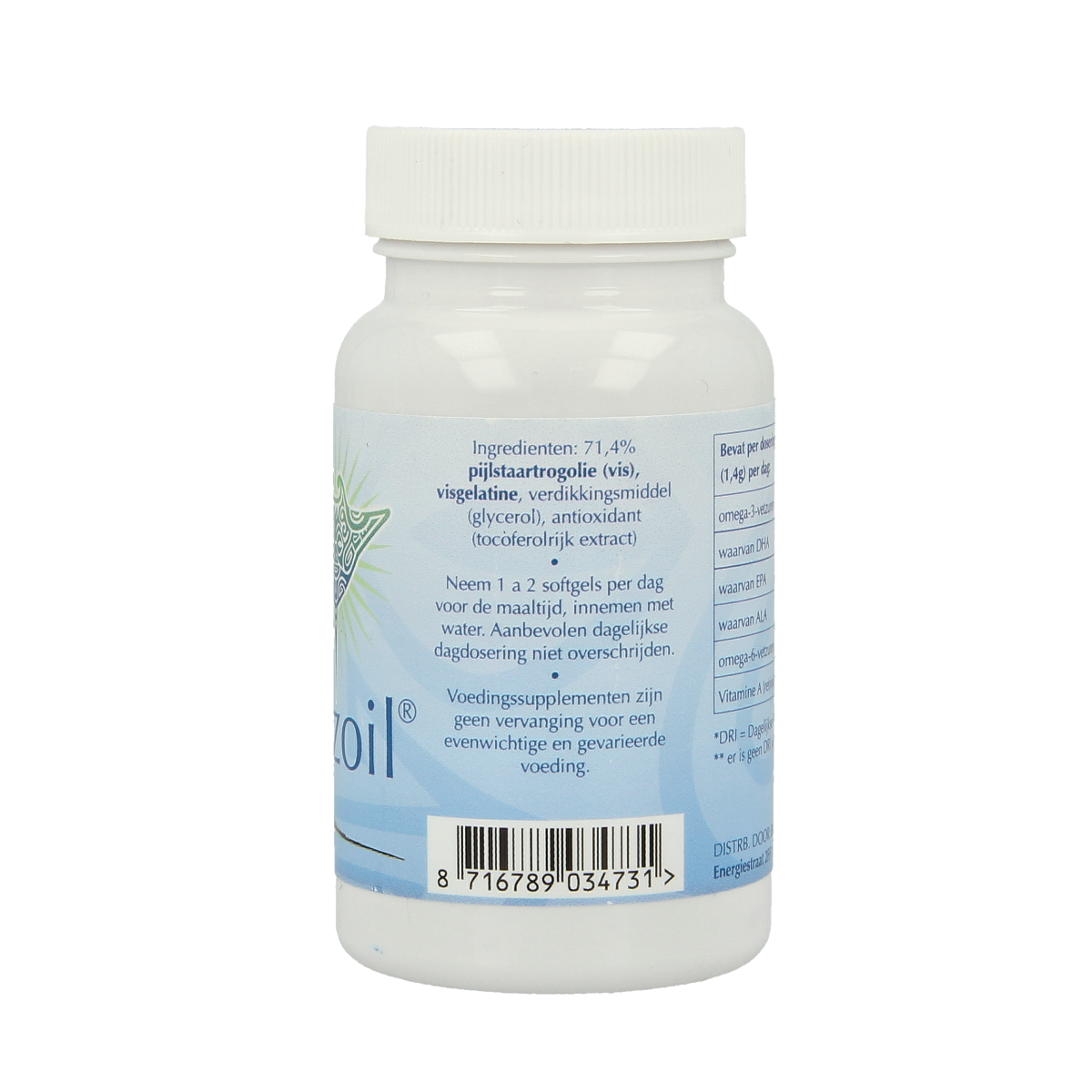 Eczoil Pijlstaartrog olie softgels, omega-3 fish oil supplement in 30 softgel capsules, for healthy skin and joints.