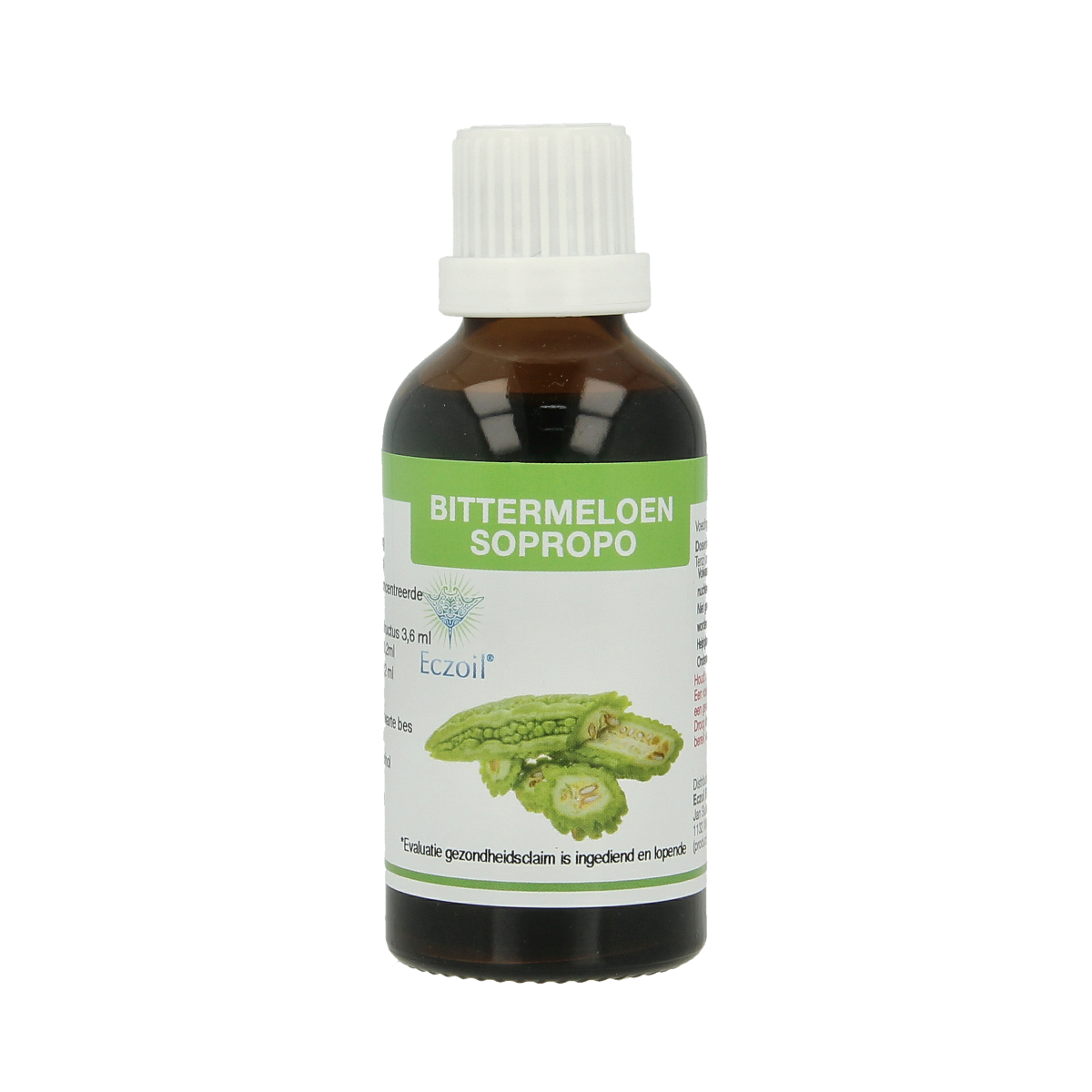 Eczoil Bittermeloen tinctuur 50ml bottle, herbal preparation in a glass container with label showing product details