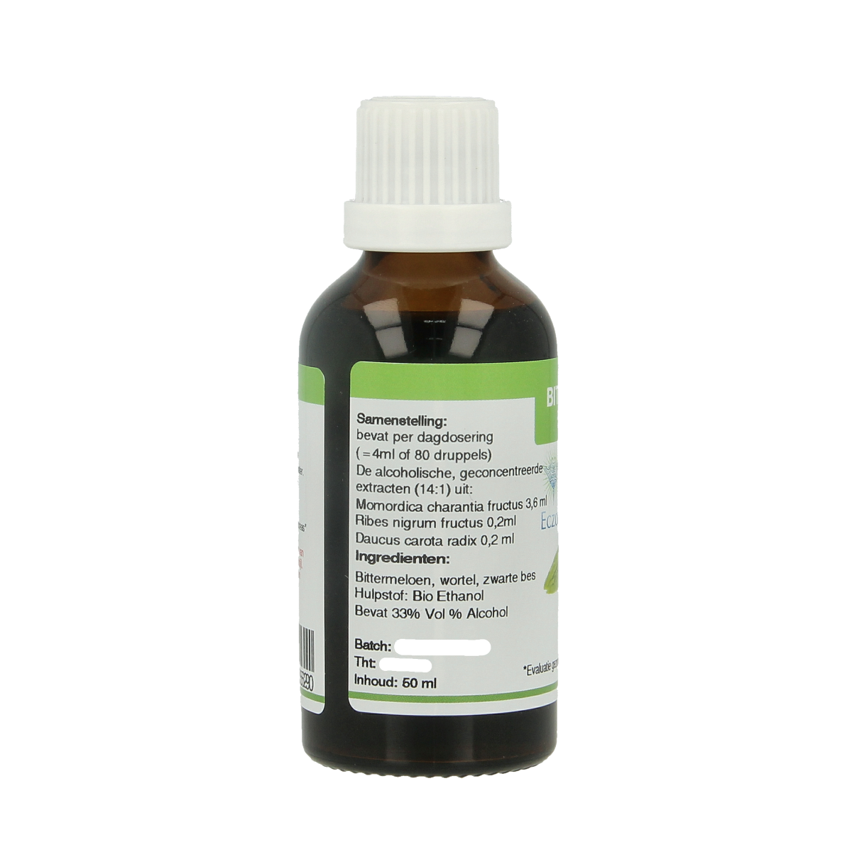 Eczoil Bittermeloen tinctuur in 50ml bottle, herbal supplement with a dropper for natural health remedies.