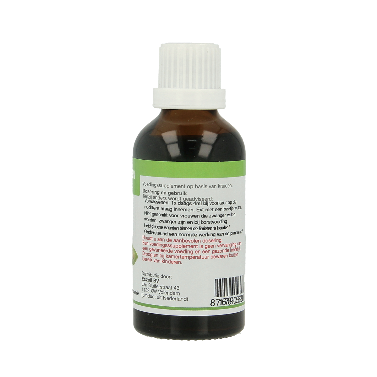 Eczoil Bittermeloen tinctuur in 50ml bottle, a herbal preparation with green bitter melon and natural ingredients.