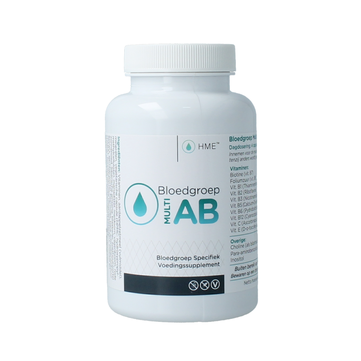 HME Bloedgroep multi AB vitamin supplement bottle with 120 capsules, showing the label and product packaging.