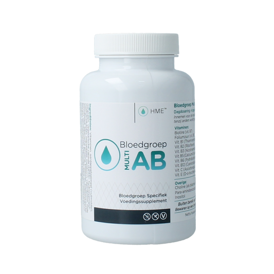 HME Bloedgroep multi AB vitamin supplement bottle with 120 capsules, showing the label and product packaging.