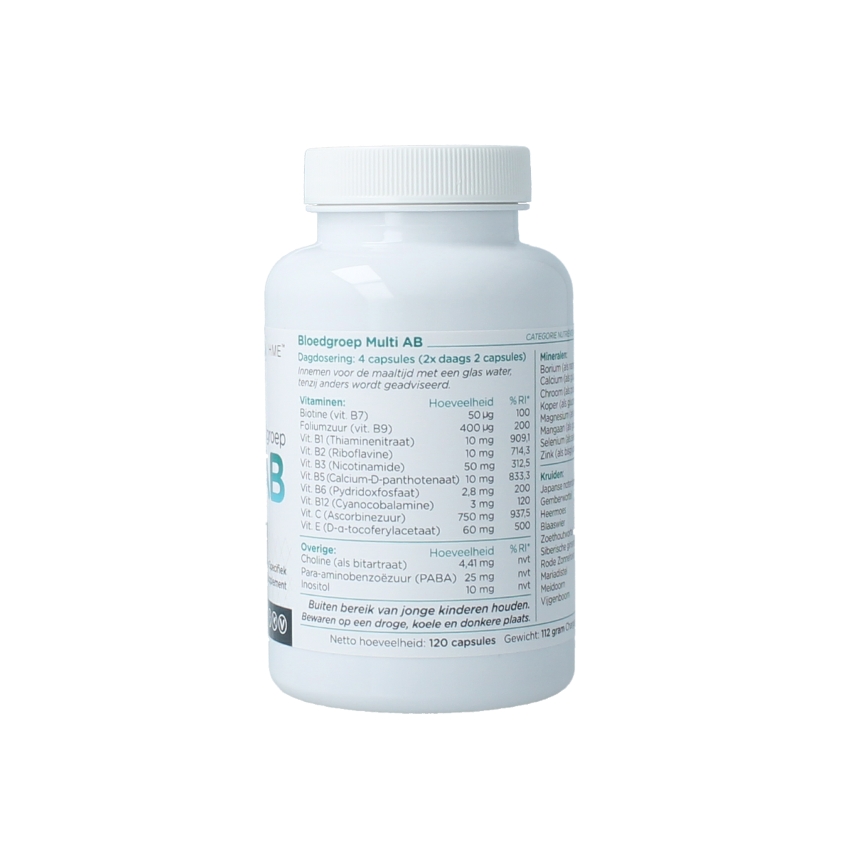 HME Bloedgroep multi AB vitamin capsules, 120 count, dietary supplement for blood group AB, close-up of capsules in container.