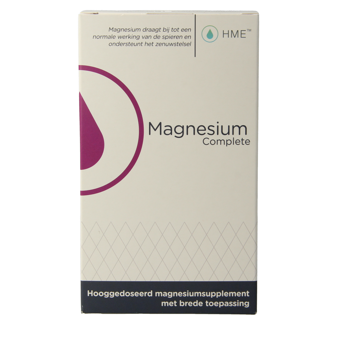 HME Magnesium Complete mineral supplement capsules in a bottle, featuring 90 capsules of HME brand magnesium mineral complex.