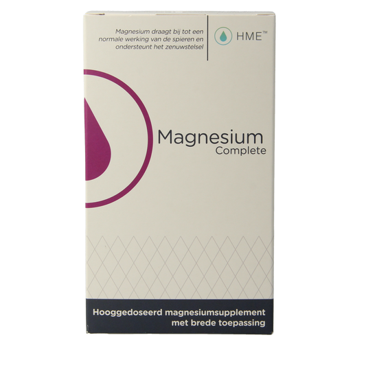 HME Magnesium Complete mineral supplement capsules in a bottle, featuring 90 capsules of HME brand magnesium mineral complex.