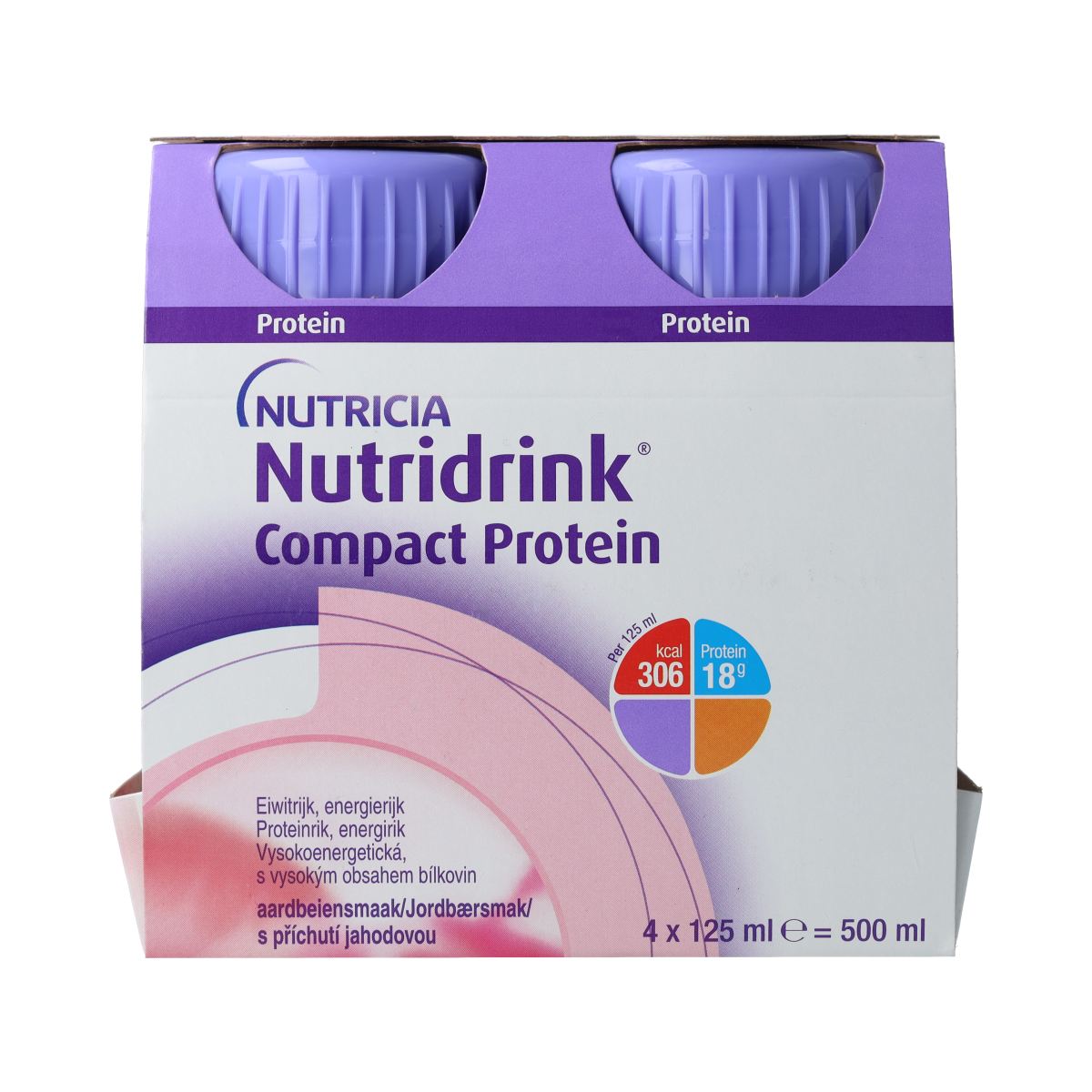 Nutridrink Compact proteine aardbei medical diet supplement in 125ml bottles, 4-pack, strawberry flavor, medical nutrition product