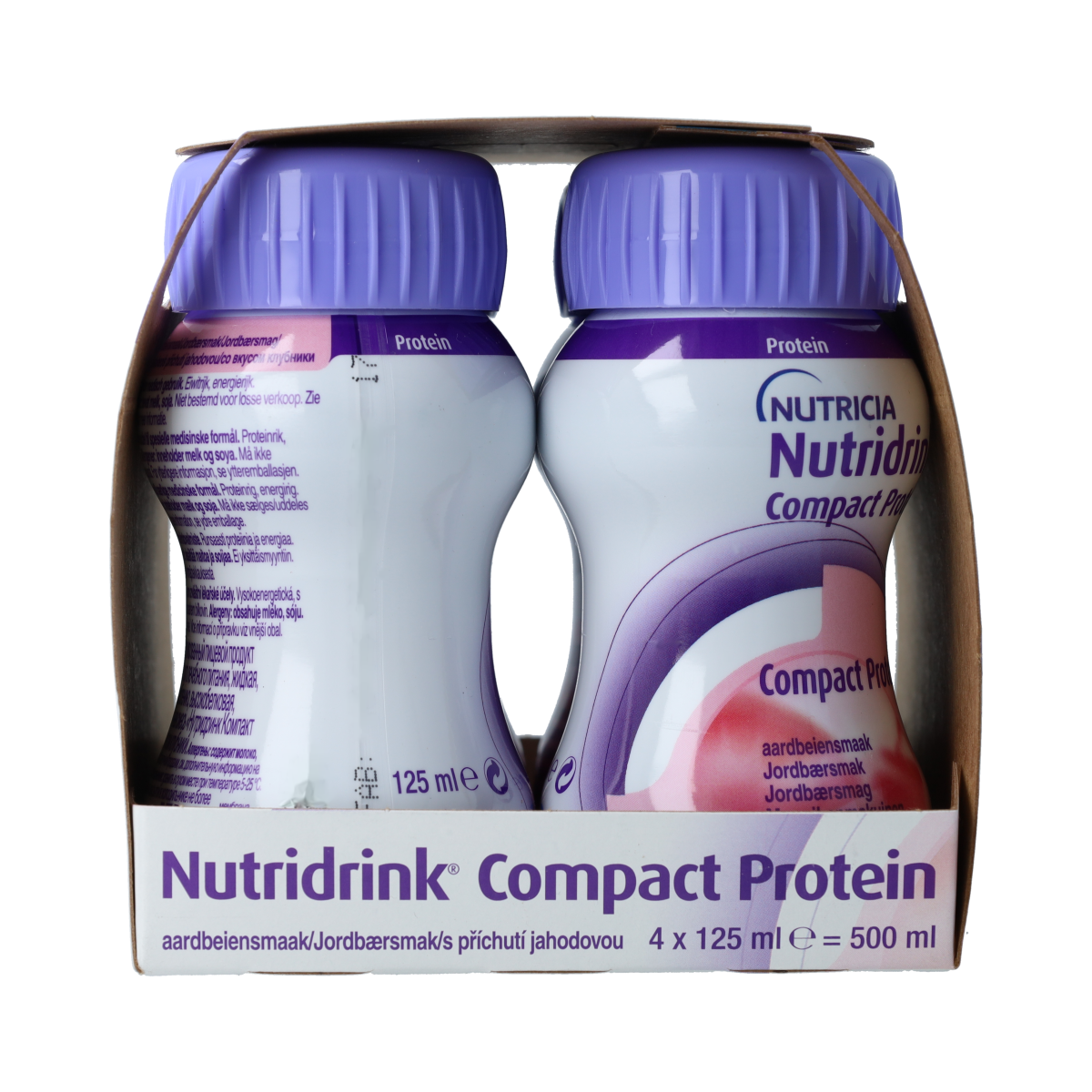 Nutridrink Compact proteine aardbei medical diet supplement in 125ml bottles, four-pack, with strawberry flavor.