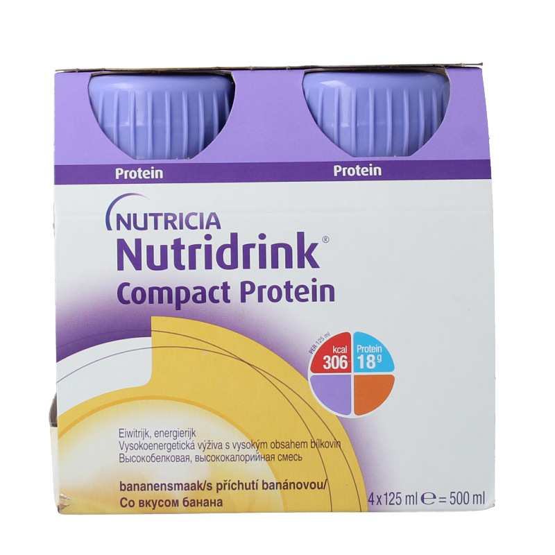 Nutricia Compact Protein banaan medical dietary nutrition packs, 125g each, showing four banana-flavored protein supplement containers.