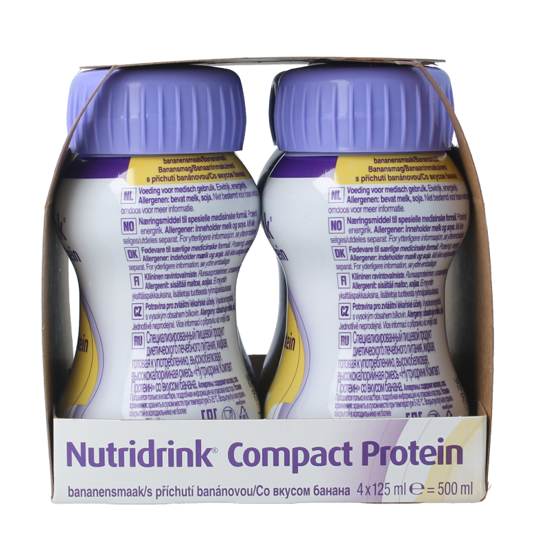 Pack of four Nutricia Compact Protein Banana medical dietary supplements in 125g servings, featuring banana flavor and nutritional info.