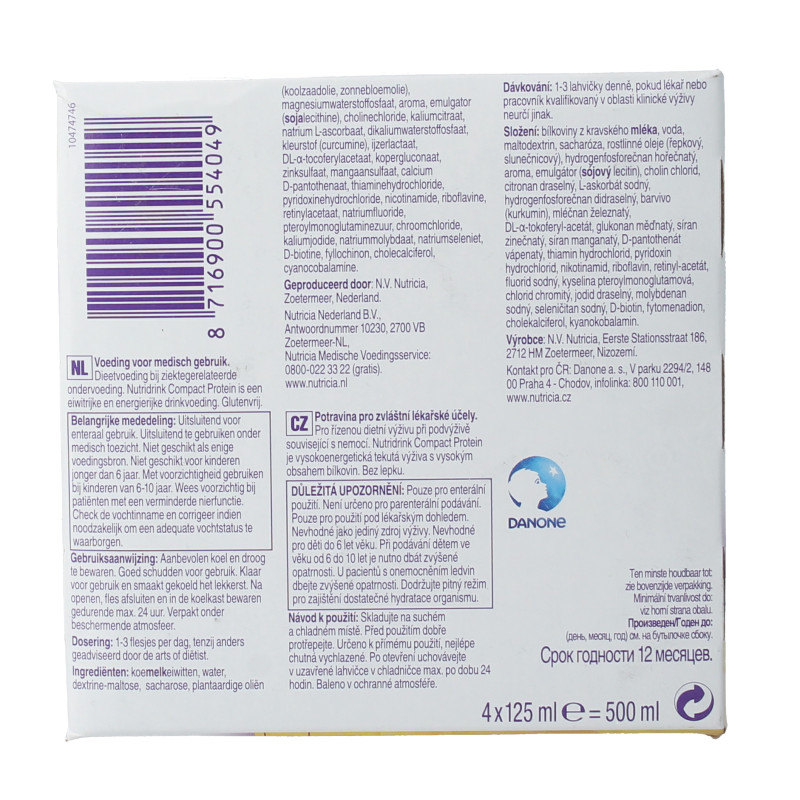 Nutricia Compact Protein banaan medical dietary supplement packaging, 125g, four units, banana flavor, medical nutrition product