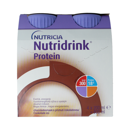 Nutridrink Protein chocolate medical diet food in 200ml bottles, pack of four, ideal for nutritional support.