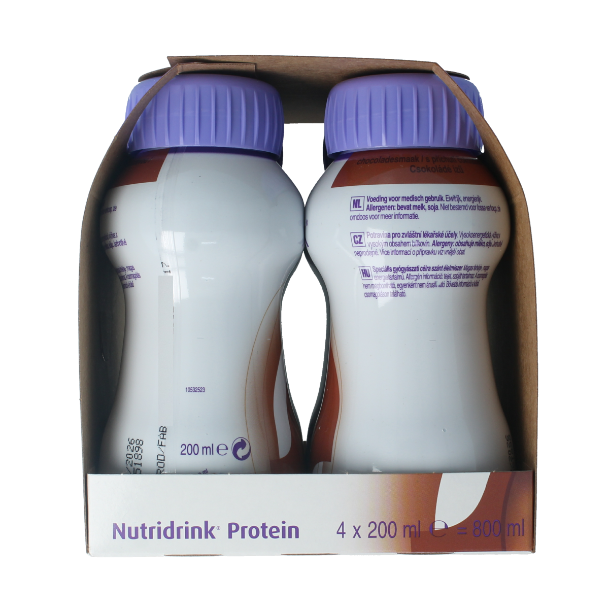 Nutridrink Protein chocolate medical dietary supplement bottles, 200ml each, four-pack, nutritious medical food for dietary needs.