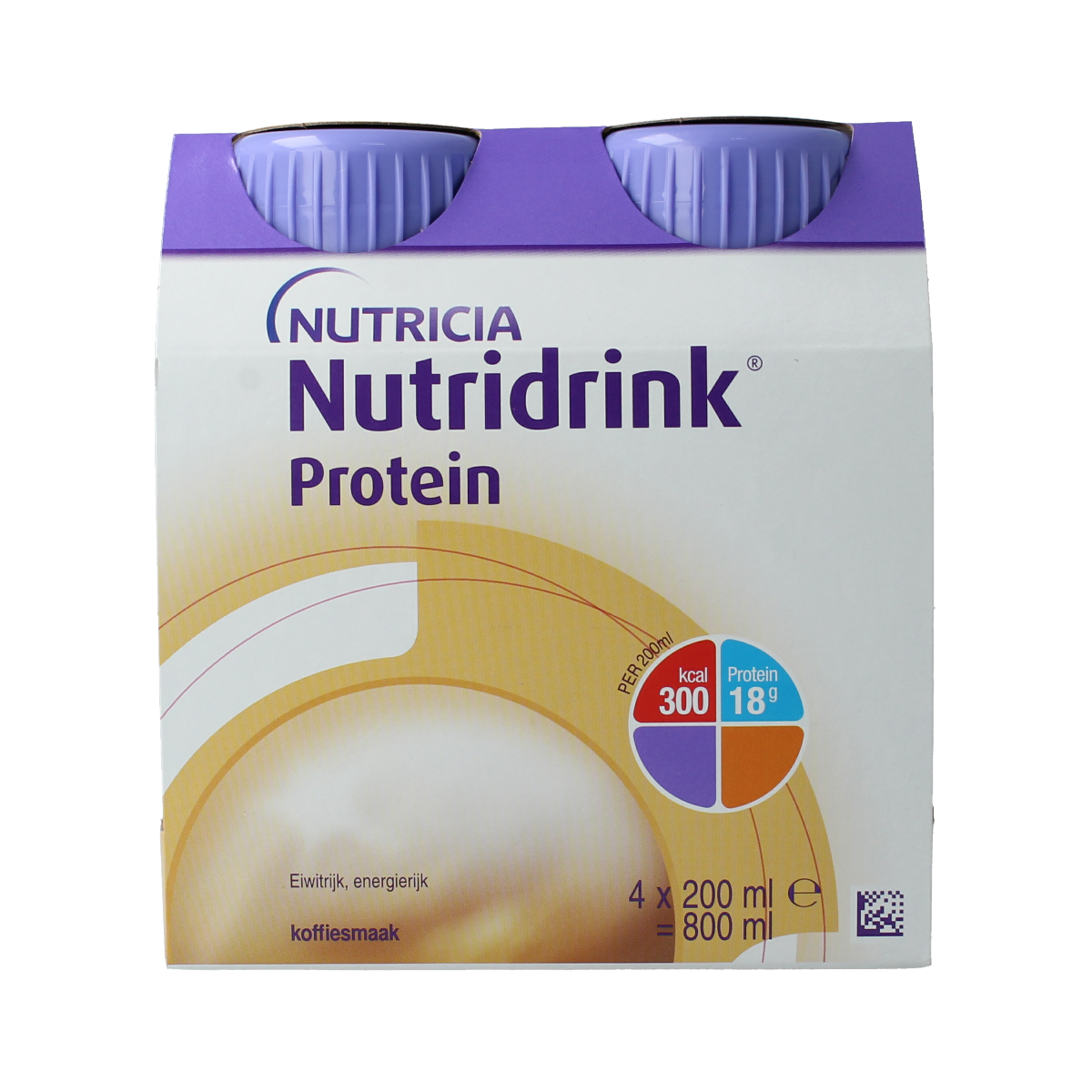 Nutridrink Protein coffee/mokka medical diet drink 200ml, 4-pack, nutritional supplement in a carton bottle.