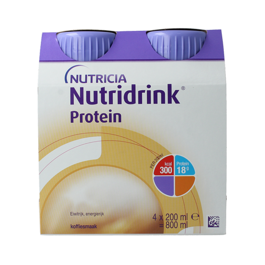 Nutridrink Protein coffee/mokka medical diet drink 200ml, 4-pack, nutritional supplement in a carton bottle.