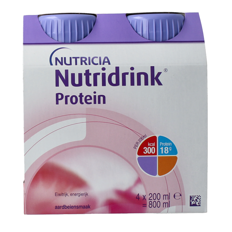 Nutridrink Protein aardbei medical dietary supplement bottles, 200ml each, in a pack of four with strawberry flavor and nutrition info.