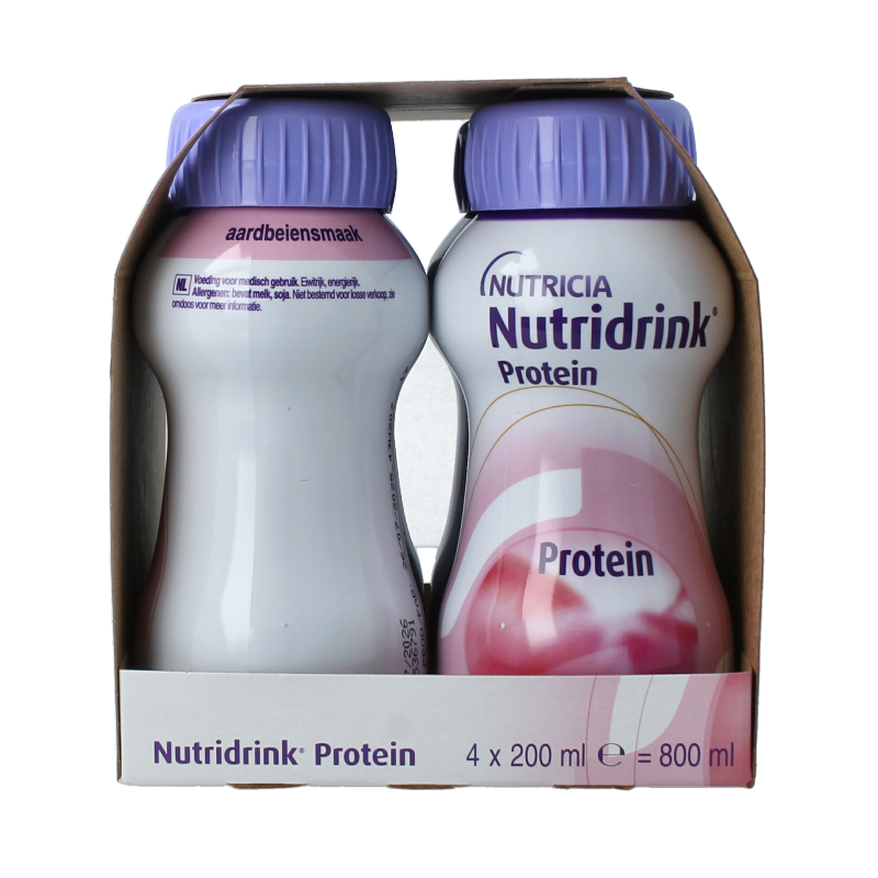 Nutridrink Protein aardbei medische dieetvoeding, 200ml, 4 stuks, strawberry-flavored nutritional supplement in bottles