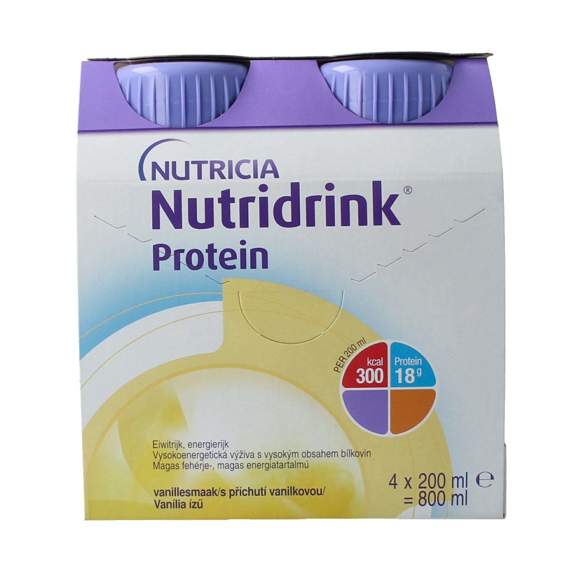Nutridrink Protein Vanille medical dietary supplement 200ml bottles, four-pack, vanilla flavor for nutritional support