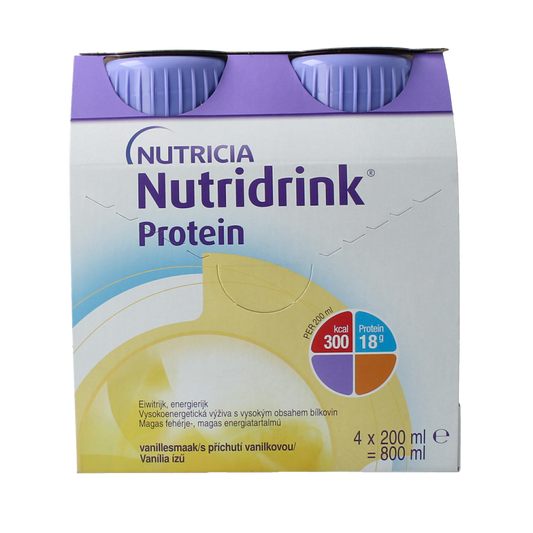 Nutridrink Protein Vanille medical dietary supplement 200ml bottles, four-pack, vanilla flavor for nutritional support