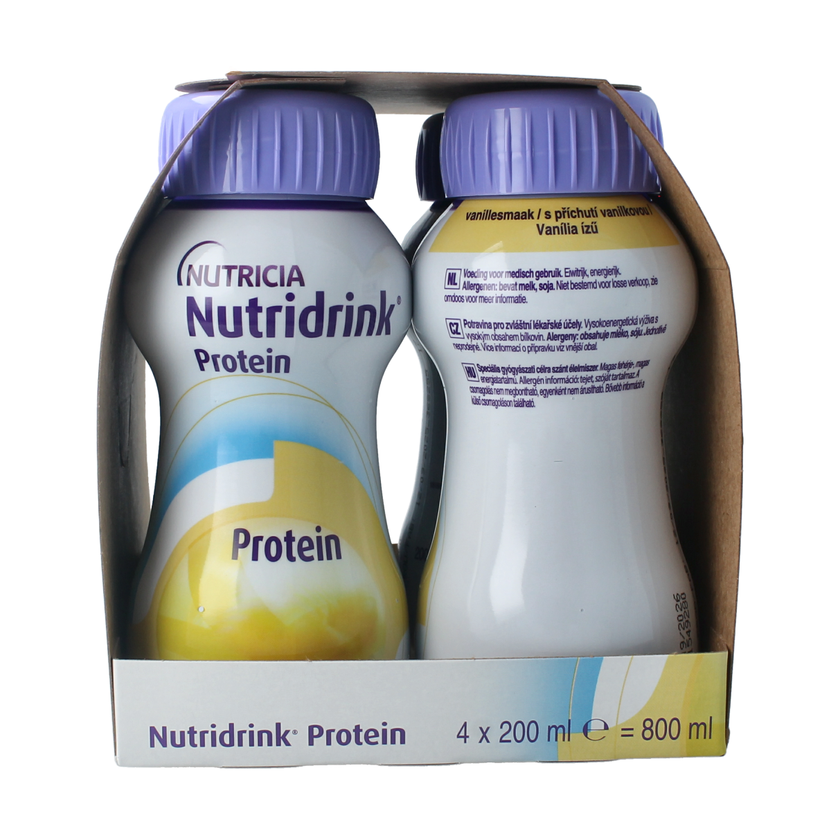 Nutridrink Protein vanille medical dietary supplement in 200ml bottles, pack of four, vanilla flavor, medical nutrition product