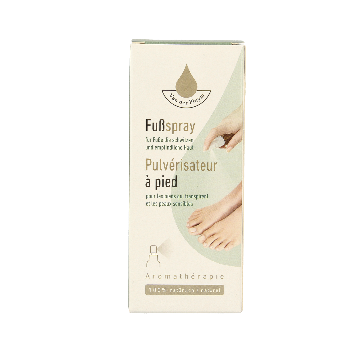 Van Der Pluym Voetspray 50ml bottle, a foot care product with spray nozzle, designed for foot hygiene and comfort