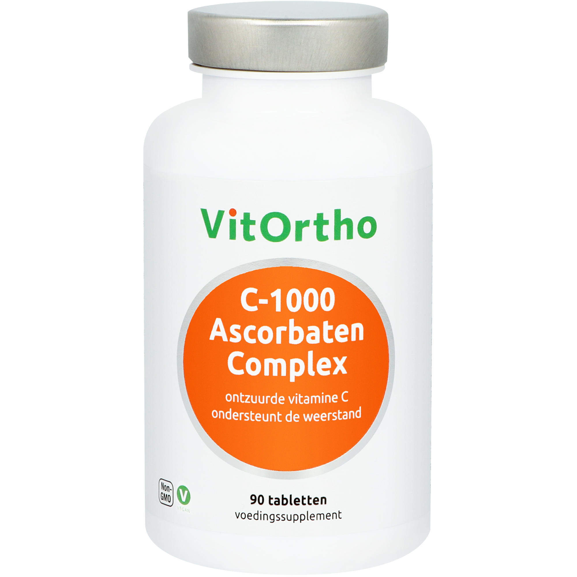 Vitamin C supplement bottle of VitOrtho C-1000 Ascorbaten complex multivitamin tablets, 90 count, with label details visible.