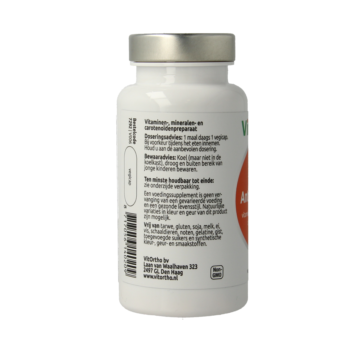 Vegetarian VitOrtho AntioxidForm multivitamin capsules in a bottle, dietary supplement for antioxidant support.