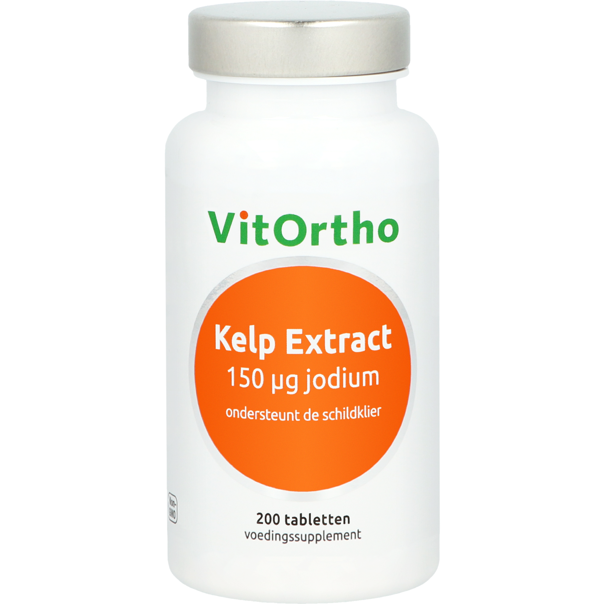 VitOrtho Kelp extract mineral supplement tablets with 150 mcg iodine, shown in a blister pack for supporting thyroid health.