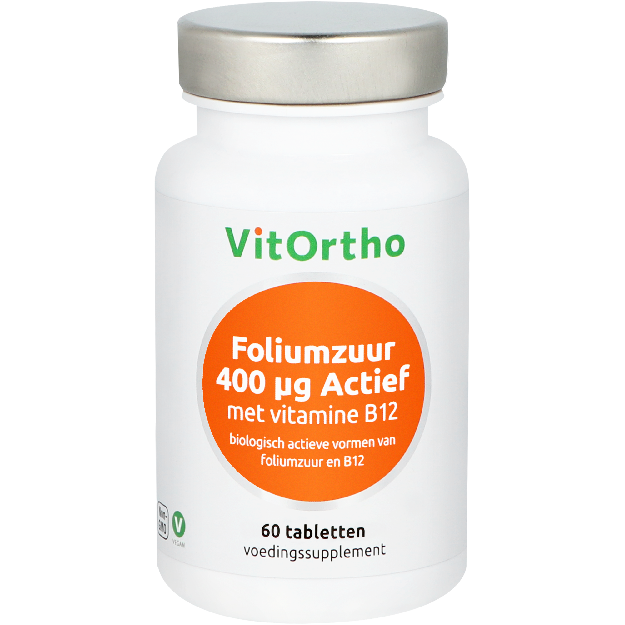 VitOrtho Foliumzuur 400 mcg with vitamin B12 multivitamin tablets, 60 count, for healthy prenatal nutrition.