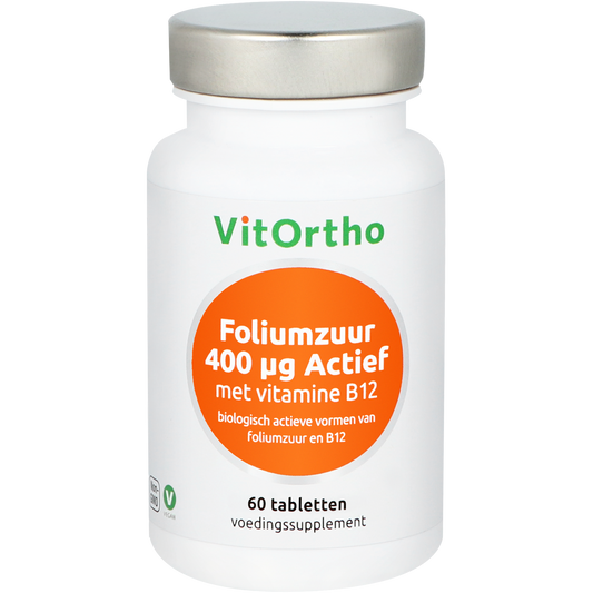 VitOrtho Foliumzuur 400 mcg with vitamin B12 multivitamin tablets, 60 count, for healthy prenatal nutrition.