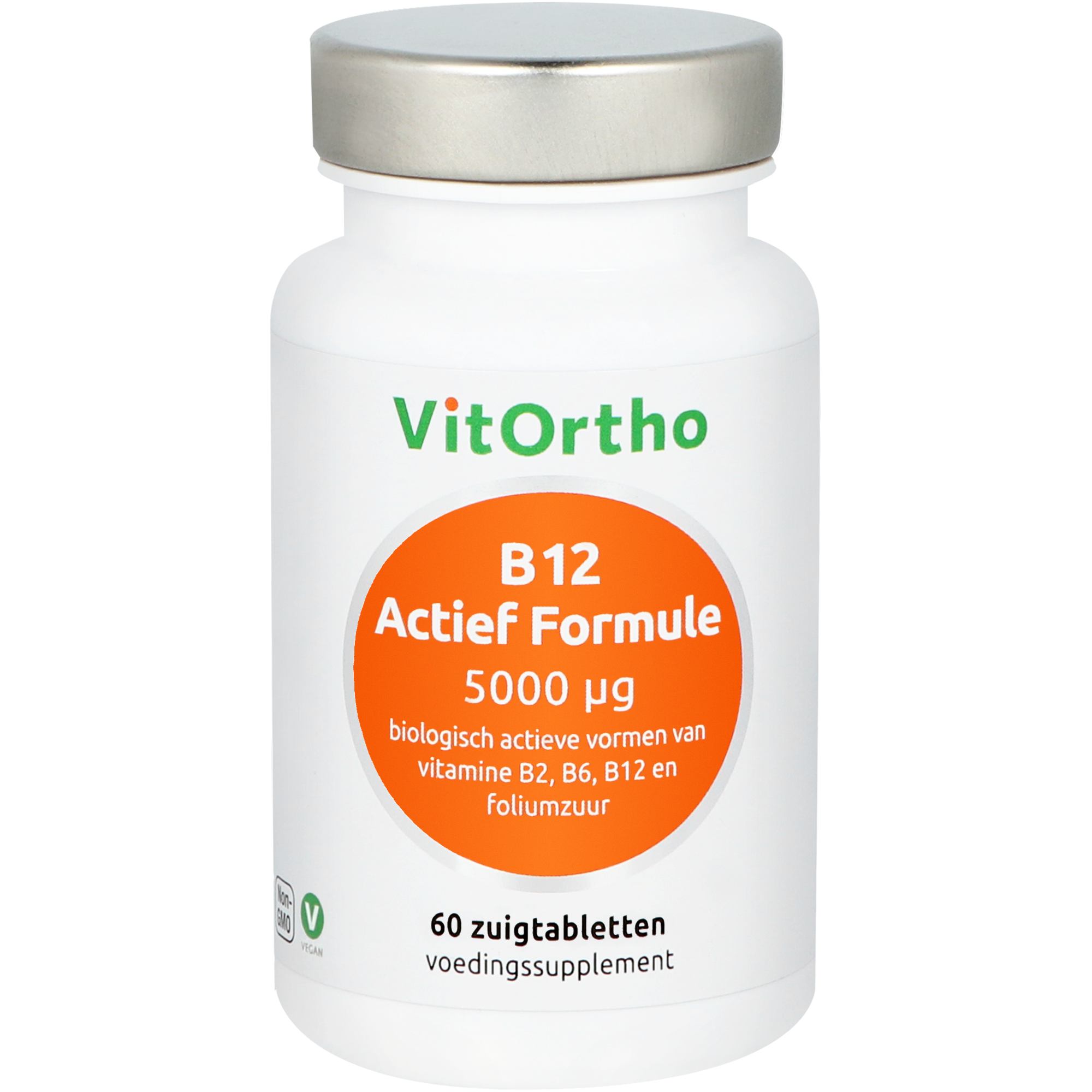 VitOrtho B12 actief formule 5000 mcg multivitamine zuigtabletten, close-up of the orange flavored lozenges