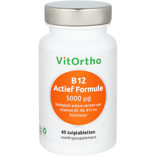 VitOrtho B12 actief formule 5000 mcg multivitamine zuigtabletten, close-up of the orange flavored lozenges