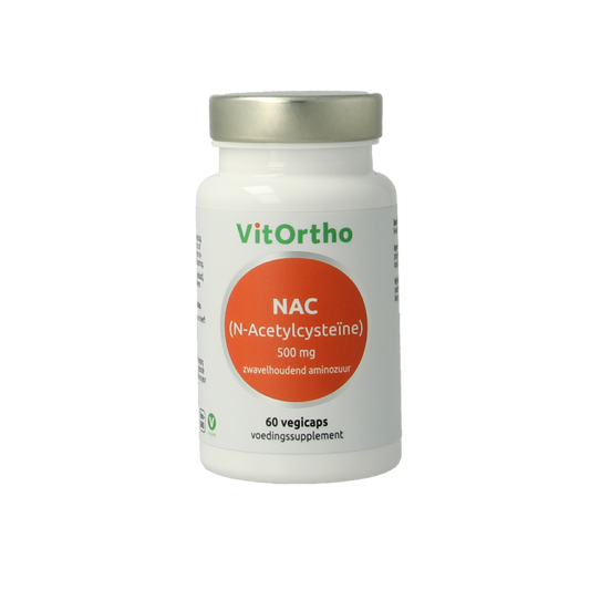 VitOrtho NAC N-Acetyl Cysteine 500mg vegetarian capsules, amino acids supplement, shown in the image.