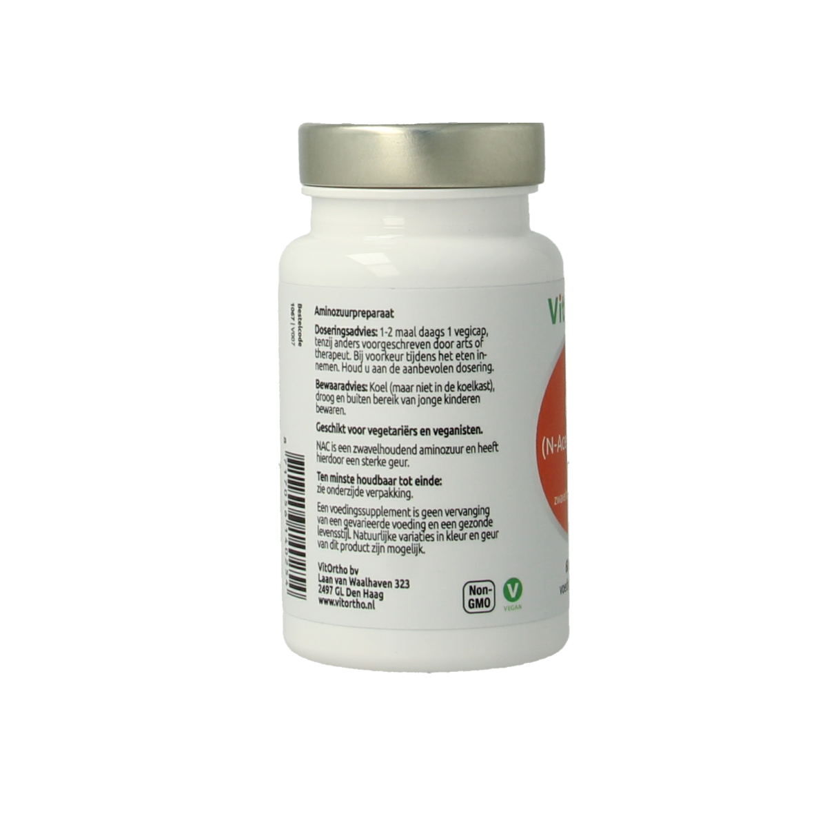 VitOrtho NAC N-Acetyl Cysteine 500mg vegetarian capsules, supplement for amino acids, shown in the product image.
