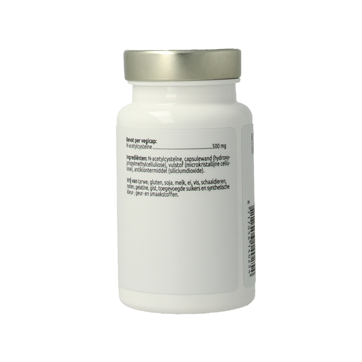 VitOrtho NAC N-Acetyl cysteine 500mg vegetarian capsules, dietary supplement, shown in clear bottle with capsules inside.