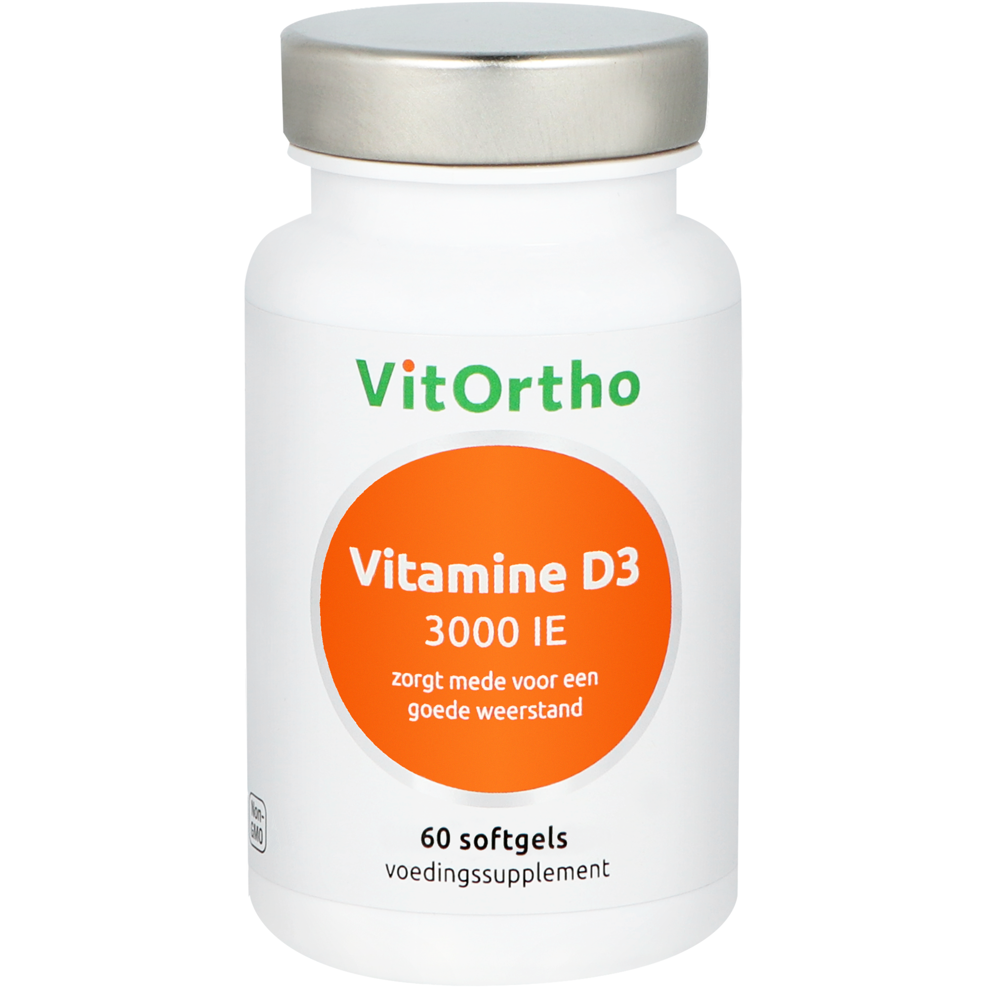 Bottle of VitOrtho Vitamine D3 3000IE softgels with 60 capsules, shown in a clear container.
