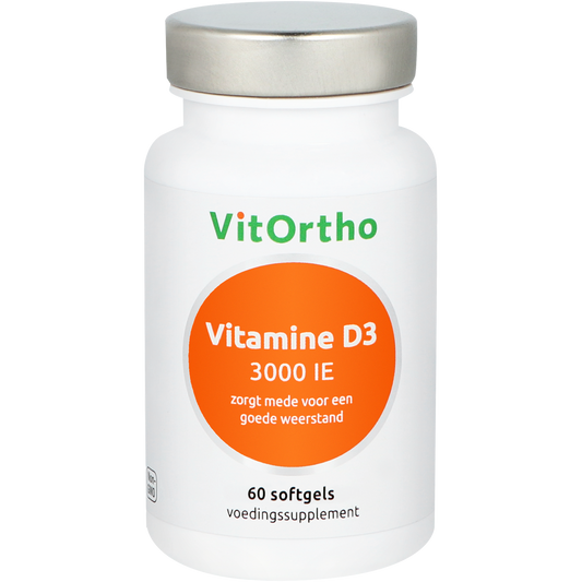 Bottle of VitOrtho Vitamine D3 3000IE softgels with 60 capsules, shown in a clear container.