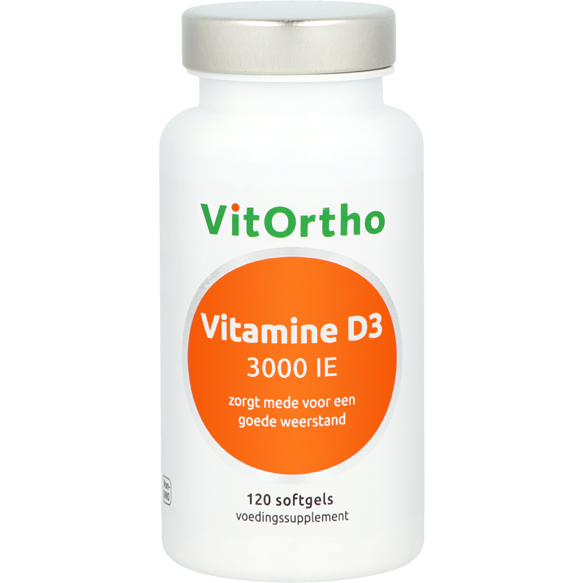 VitOrtho Vitamin D3 3000IU softgel bottle, showing 120 softgels for immune support and bone health.