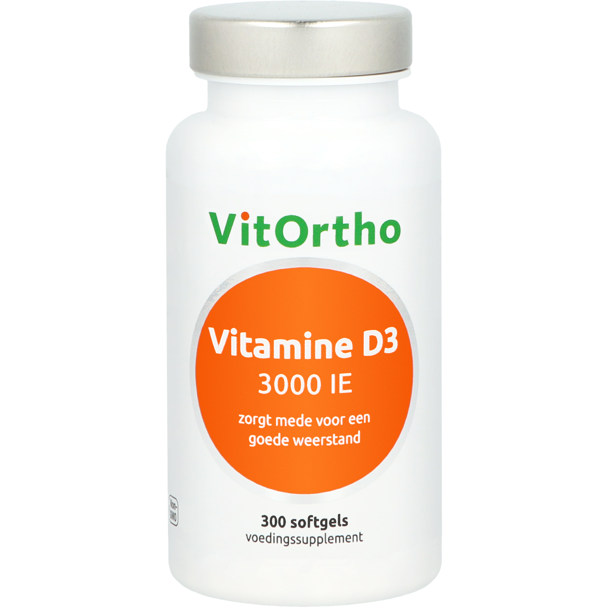 Bottle of VitOrtho Vitamin D3 3000 IU softgels with 300 count, showing the product label and softgel capsules inside.