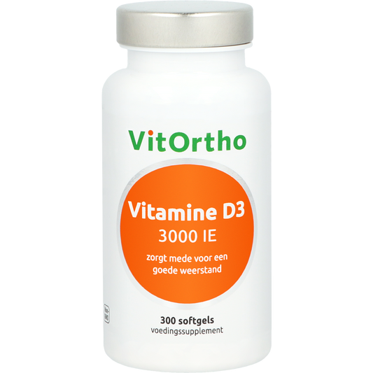 Bottle of VitOrtho Vitamin D3 3000 IU softgels with 300 count, showing the product label and softgel capsules inside.