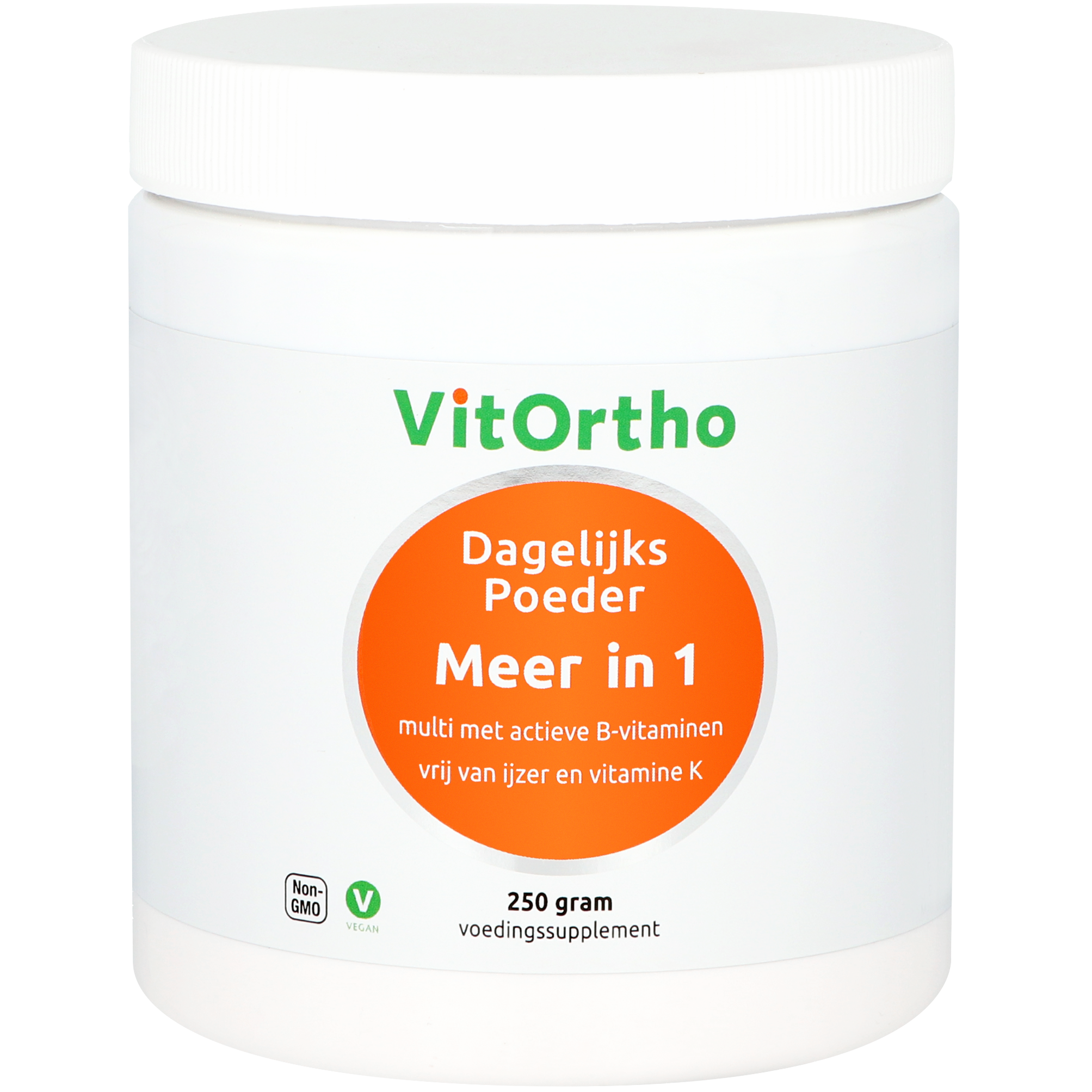 VitOrtho Meer in 1 daily multivitamin powder 250g, showing the colorful powder in a clear container.