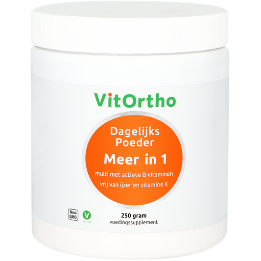 VitOrtho Meer in 1 daily multivitamin powder 250g, showing the colorful powder in a clear container.