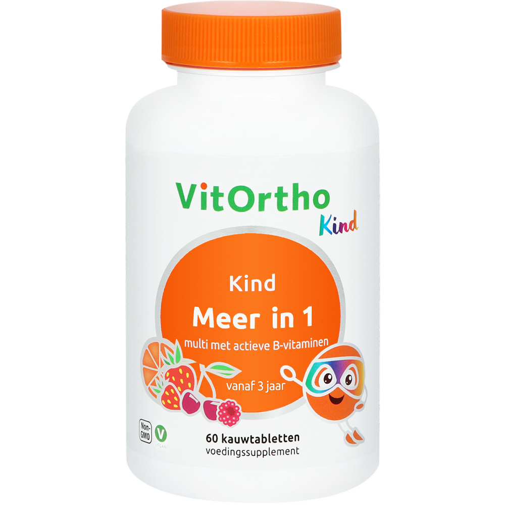 VitOrtho Meer in 1 multivitamin chewable tablets in a bottle, supplement with essential vitamins and minerals for daily health.