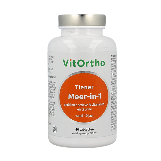 VitOrtho Meer in 1 multi-vitamin supplement for teens, showing a bottle of 60 tablets with colorful label in the image.