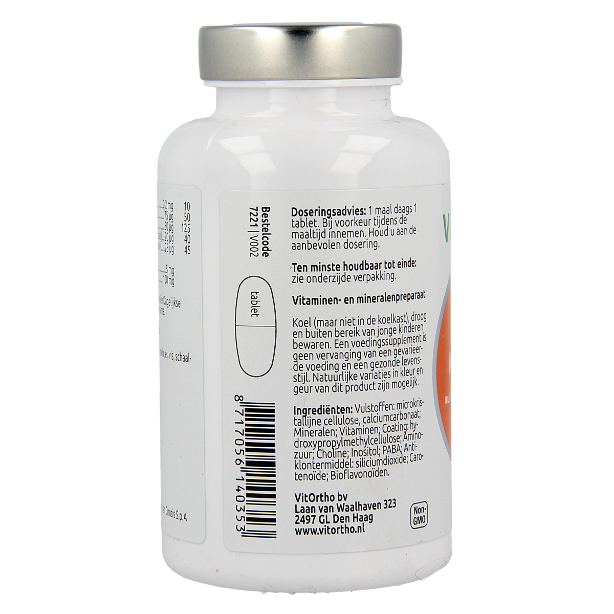 Bottle of VitOrtho Meer in 1 Teen multivitamin tablets showing a clear label and 60 tablets in a white container.