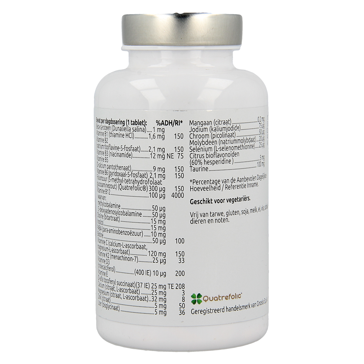 Bottle of VitOrtho Meer in 1 teen multivitamin tablets showing the label and tablets inside the container.