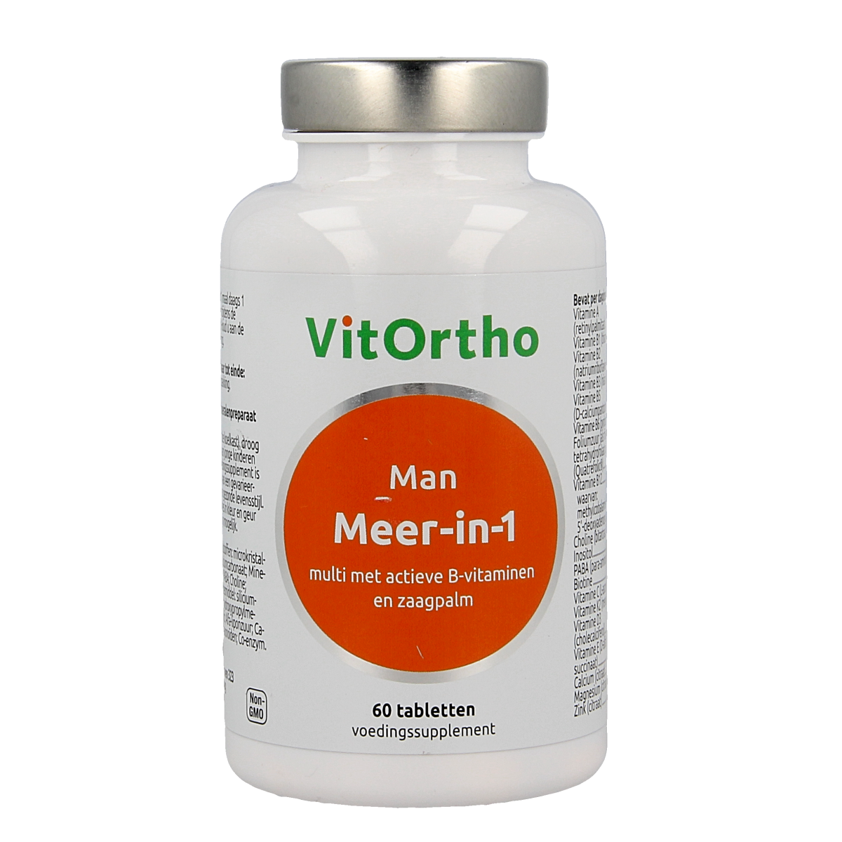 VitOrtho Meer in 1 multivitamin tablets for men, showing a close-up of the supplement bottle and tablets inside.