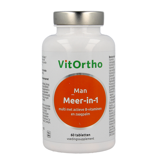 VitOrtho Meer in 1 multivitamin tablets for men, showing a close-up of the supplement bottle and tablets inside.