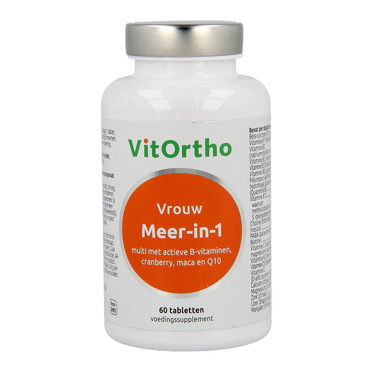 VitOrtho Meer in 1 vrouw multivitamine tabletten for women, showing a bottle of 60.00 tablets with colorful label.